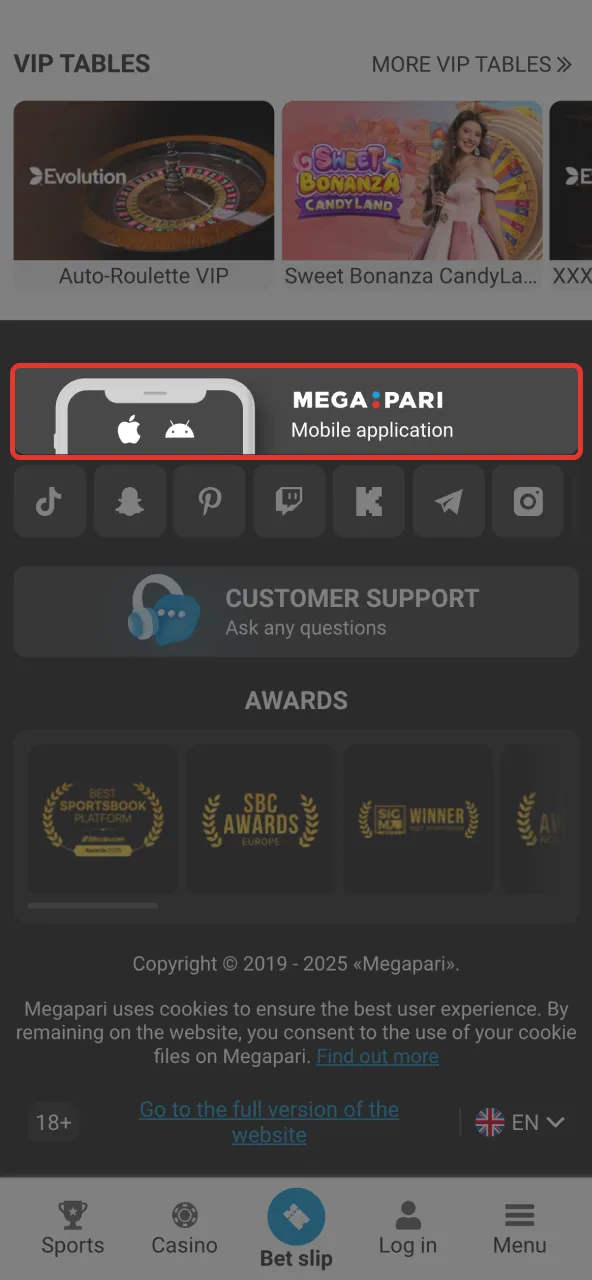 Megapari Android download button on website.