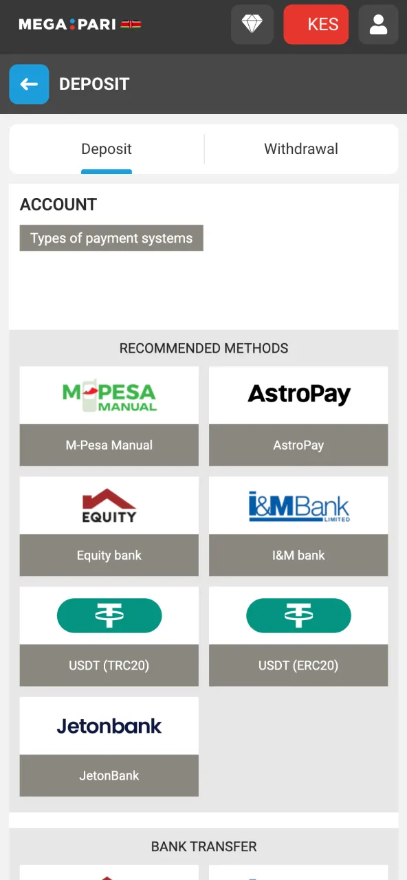 Choose how to fund your Megapari account.