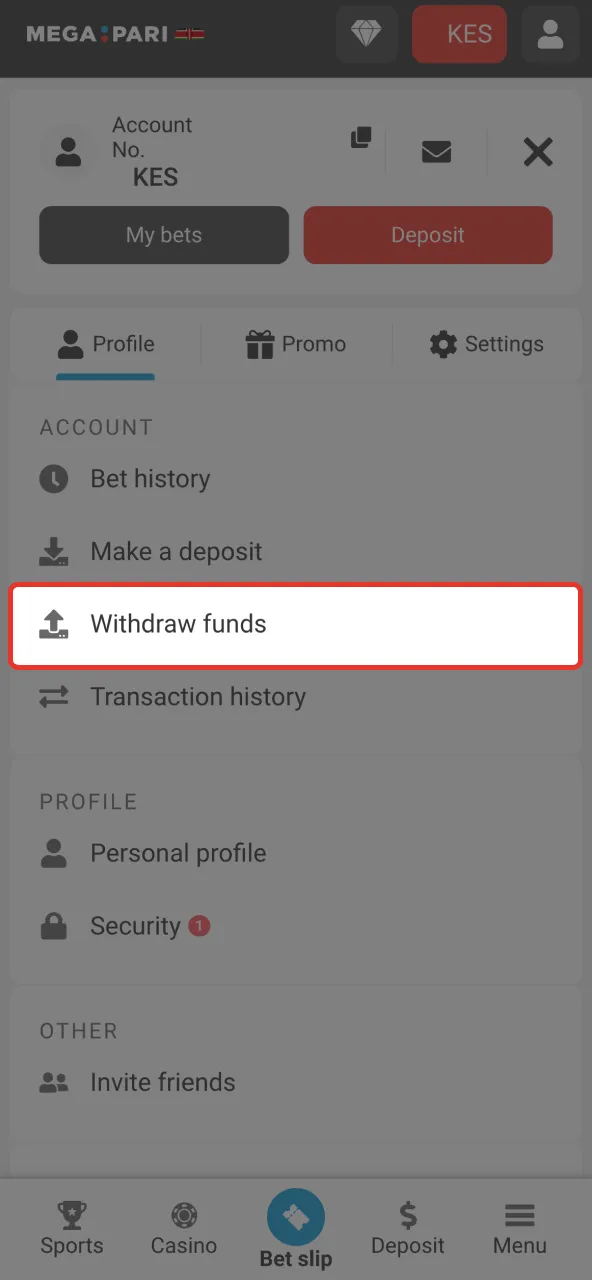 Navigate to Megapari cash out section.