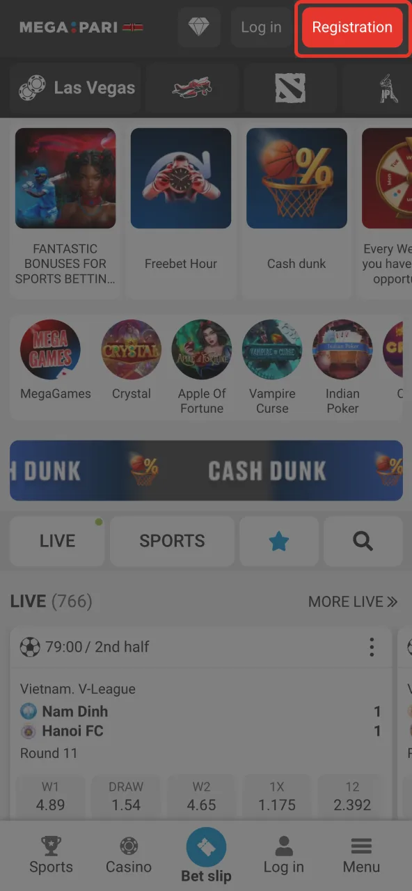 Locate the Megapari registration button on homepage.