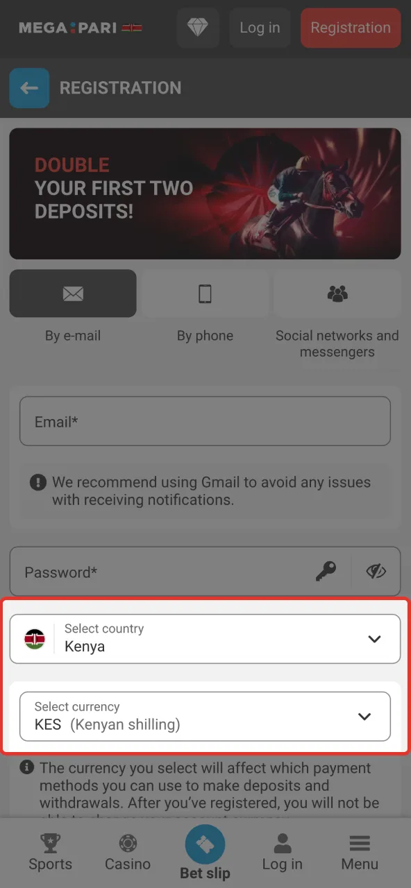 Megapari account setup with Kenyan currency.
